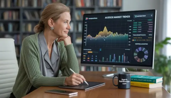 A professional home office desk with a MacBook showing AI finance and budget charts, and a smartphone.