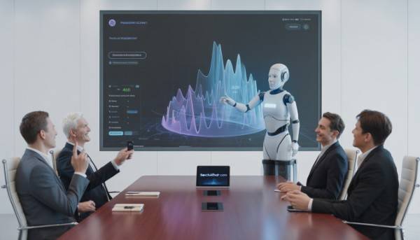 AI-driven automation instantly designing and formatting bullet points into professional presentation slides on a transparent laptop screen.