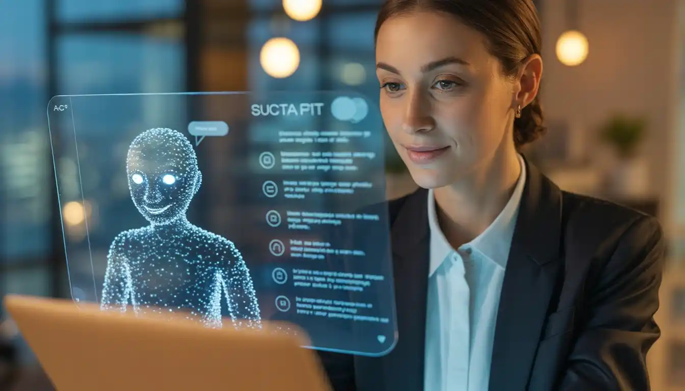 A content editor working on a laptop with AI-driven suggestions for better SEO and E-E-A-T.