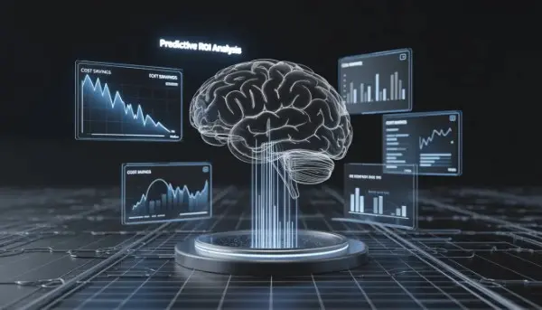 Infographic of a glowing AI chatbot icon with 24/7 clock, chat bubbles with question and checkmarks, and a graph showing decreased support costs and increased satisfaction.