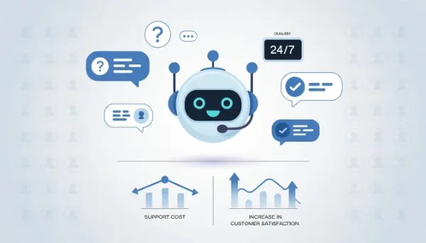 A holographic AI brain connected to floating data charts, graphs, and screens. One prominent chart shows a sharp 'Cost Savings' line dropping over time.
