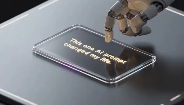 A robotic hand typing a viral AI-generated social media hook on a glowing transparent tablet screen.