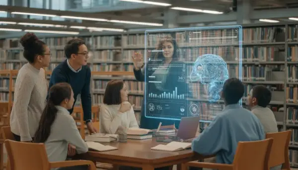 Futuristic AI tools interface for academic research and writing on a tablet.