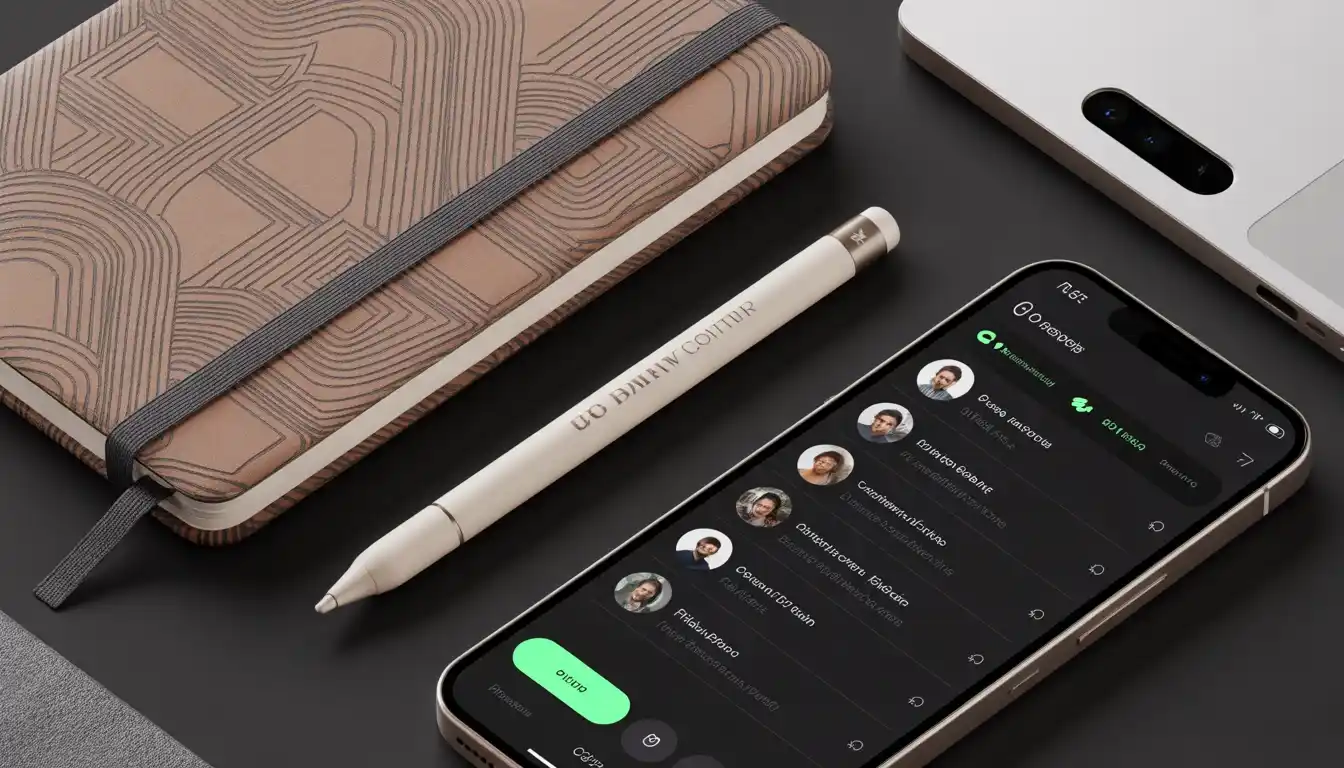 Custom branded stationary and a smartphone showing active social media community engagement.