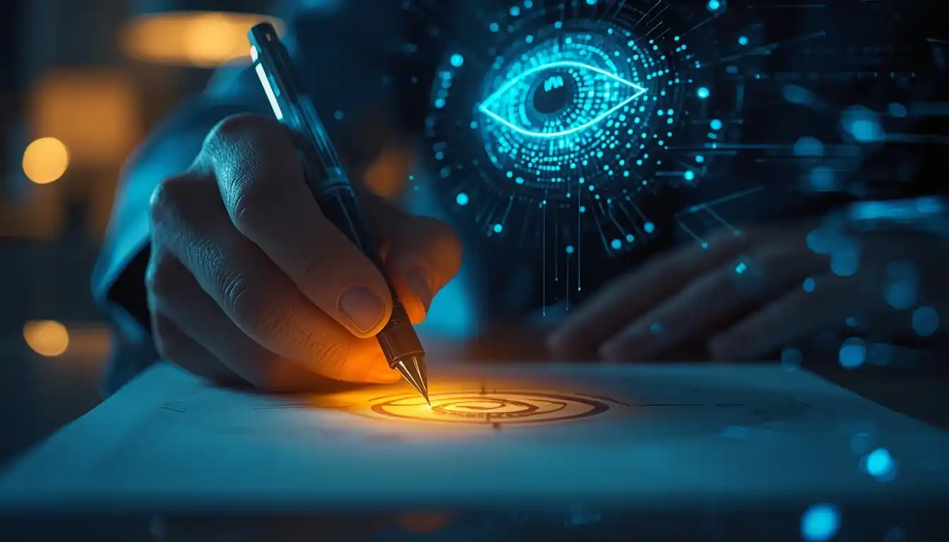 A human hand designing a brand logo while being monitored by a futuristic AI interface.