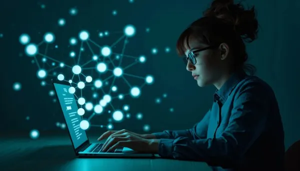 Students collaborating in a modern library using digital AI research screens.