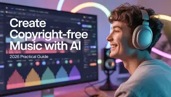 A high-quality 2026 practical guide for creating copyright-free AI music for content creators by SearchAIFinder.