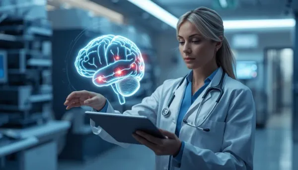 Diverse team of AI startup founders working on healthcare technology in USA office.