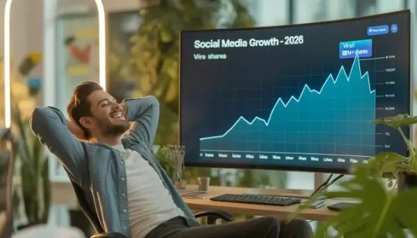 How to create viral social media posts with AI featuring a creator and glowing AI tool icons in a futuristic studio.