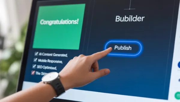 A person's hand about to click the blue 'Publish' button on an AI website builder dashboard