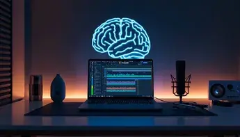 Abstract digital art showing a robotic hand composing musical notes through artificial intelligence.