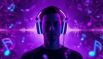 A professional home studio workstation featuring AI music software and high-tech audio equipment.